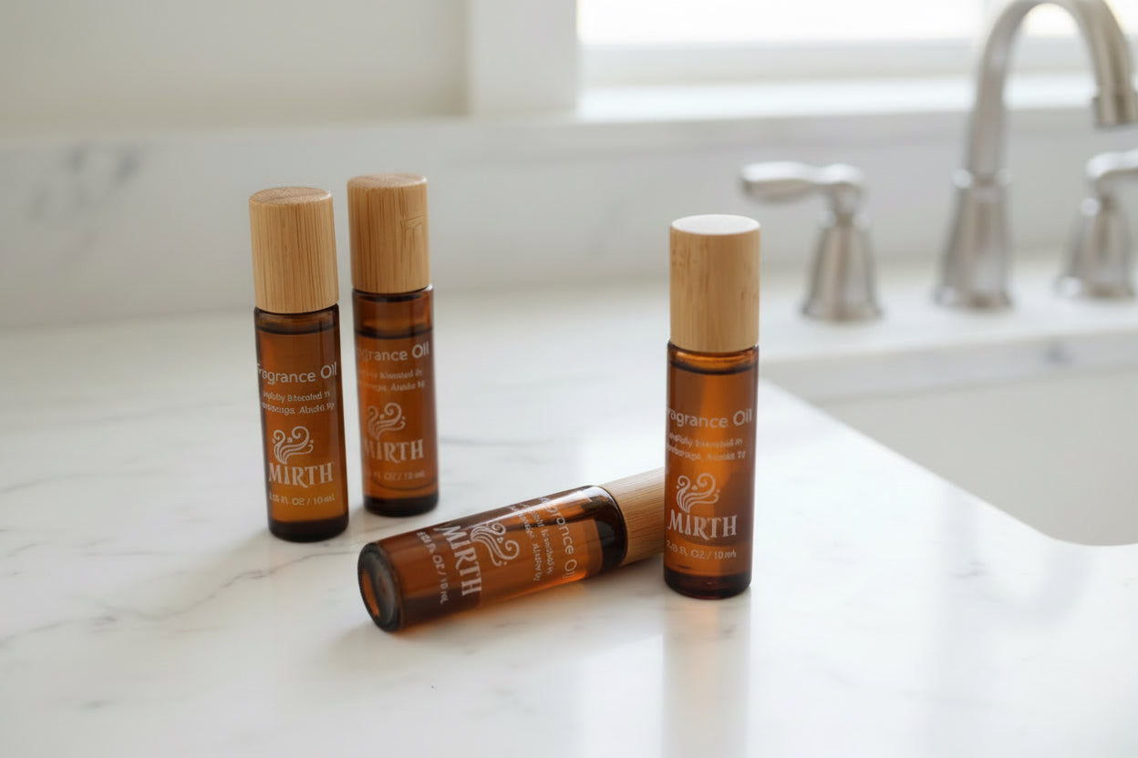 Oil roller bottles on a counter